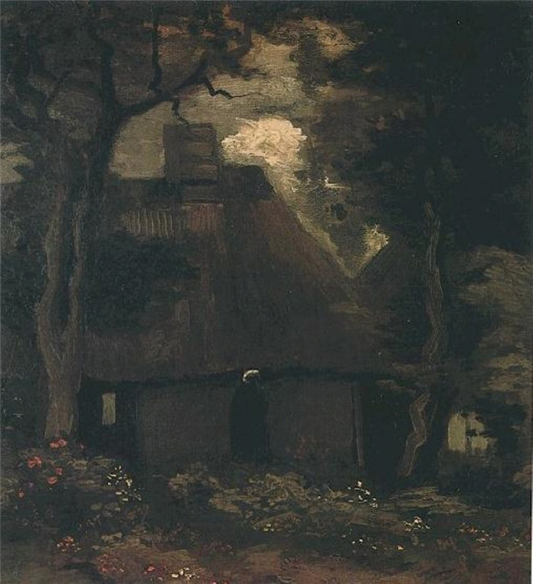 Cottage with Trees and Peasant Woman Van Gogh Painting